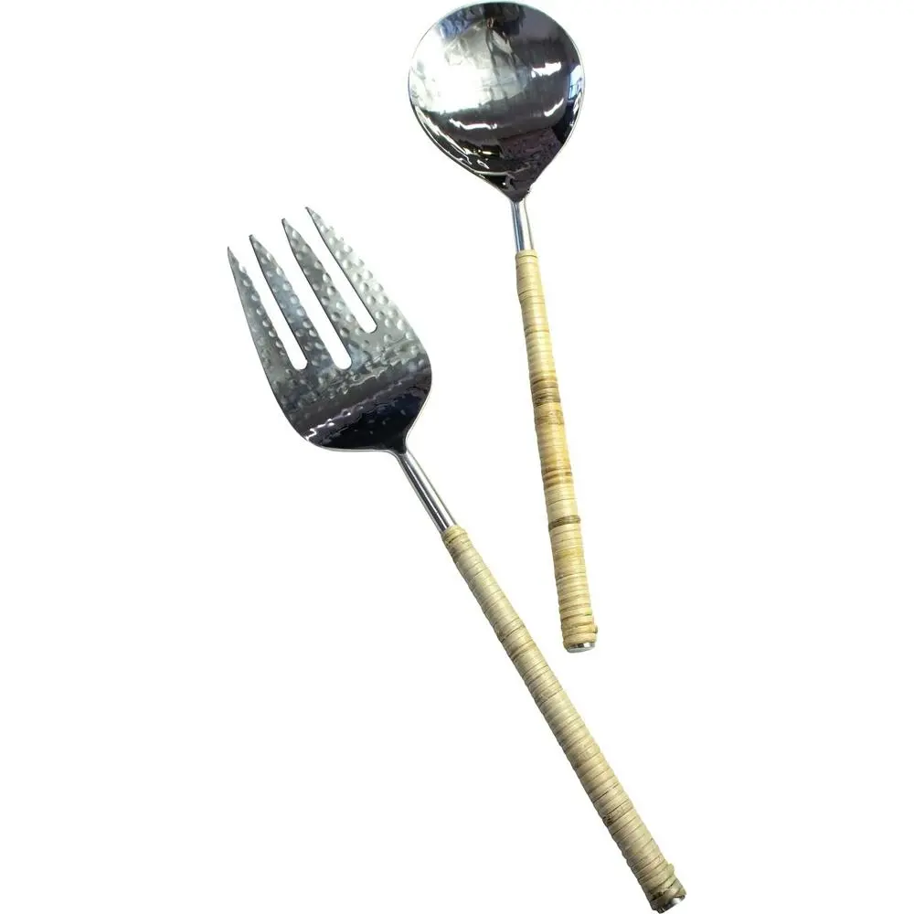 2pc LVD S/S Spoon/Fork Salad Server Rattan Handle Food Serving Utensils 27cm - Home & Garden