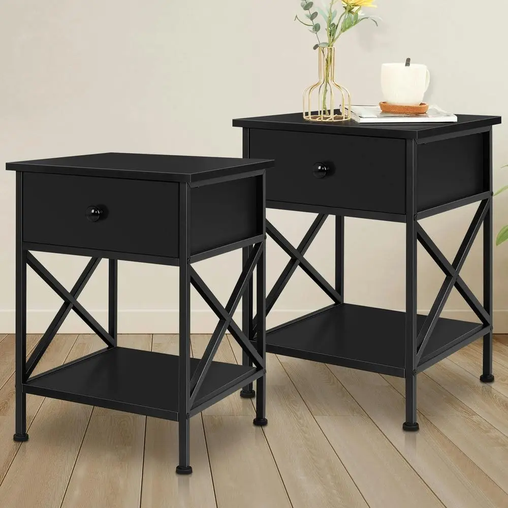 Alfordson 2x Bedside Table Retro 1 Drawer Black - Furniture