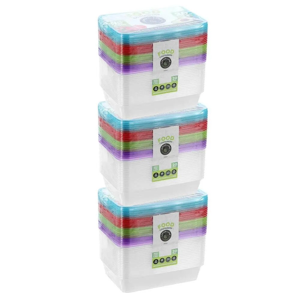 3x 20PK Lemon & Lime Rectangle 500ml Reusable Food/Container w/ Coloured Lids - Home & Garden