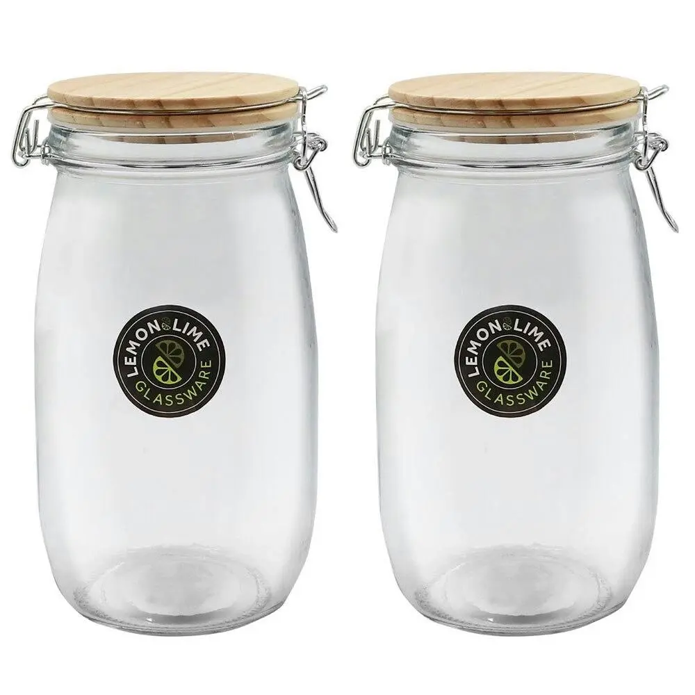 2x Lemon & Lime 1.5L/21.5cm Glass Clip Jar Storage Container w/ Wooden Lid Clear - Home & Garden