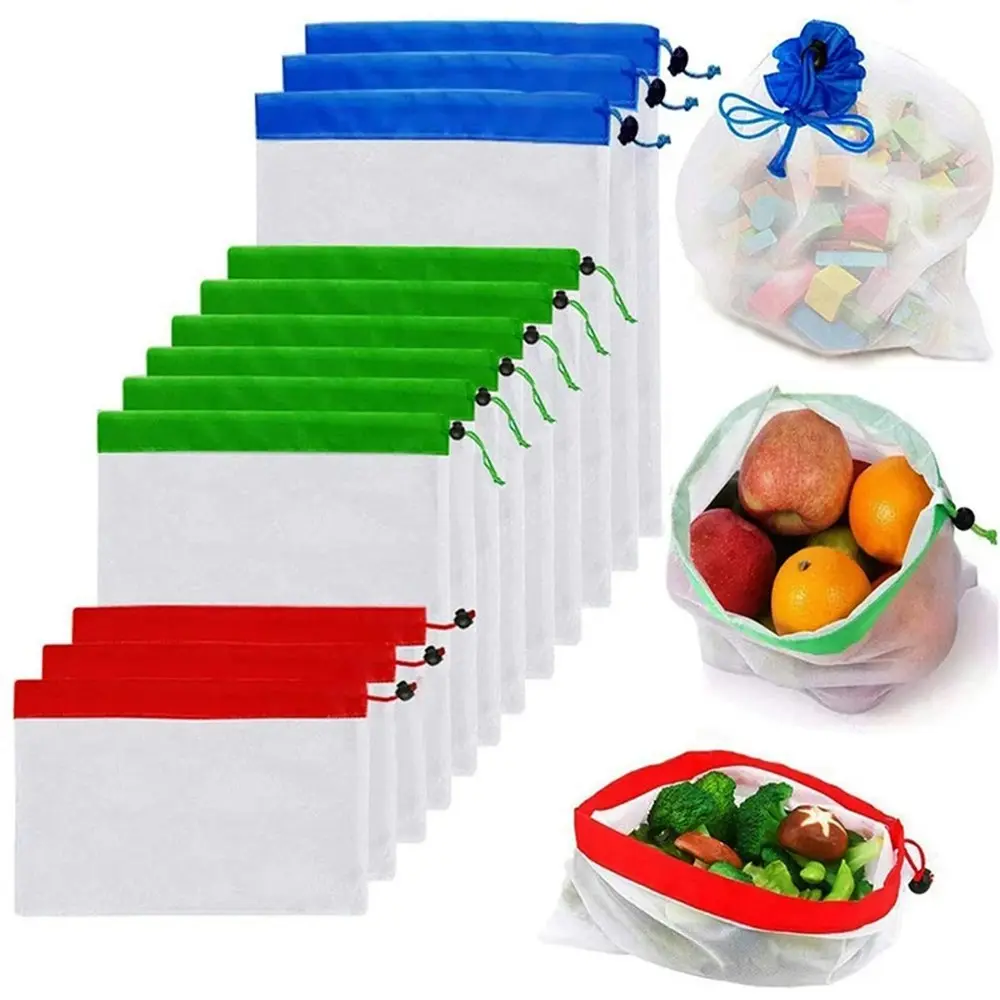 12 piece set of reusable mesh shopping bags fruit and vegetable storage bag - Fashion