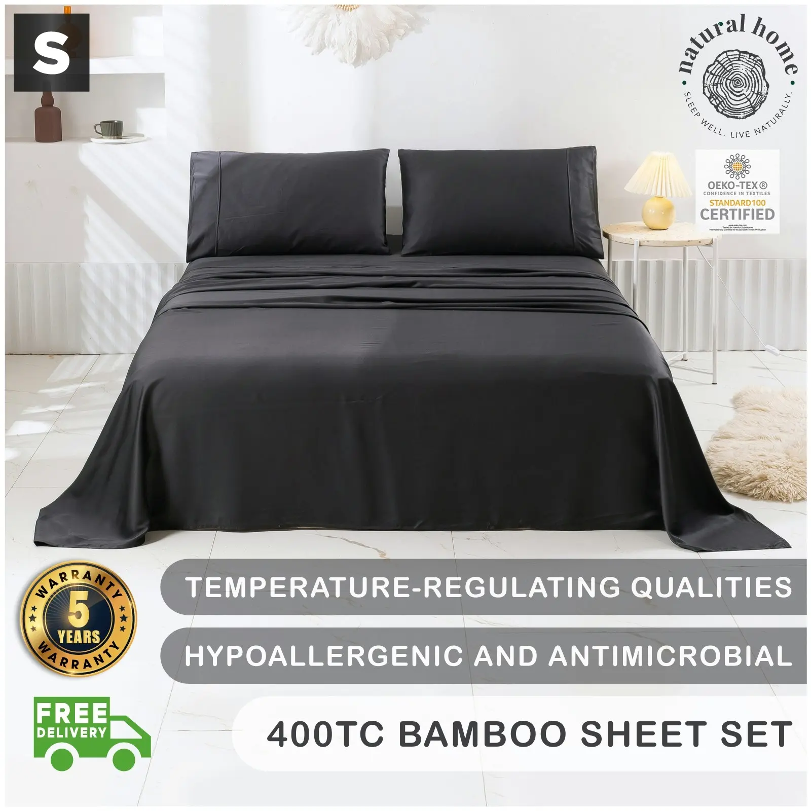 Natural Home Bamboo Sheet Set Charcoal Single Bed - Home & Garden