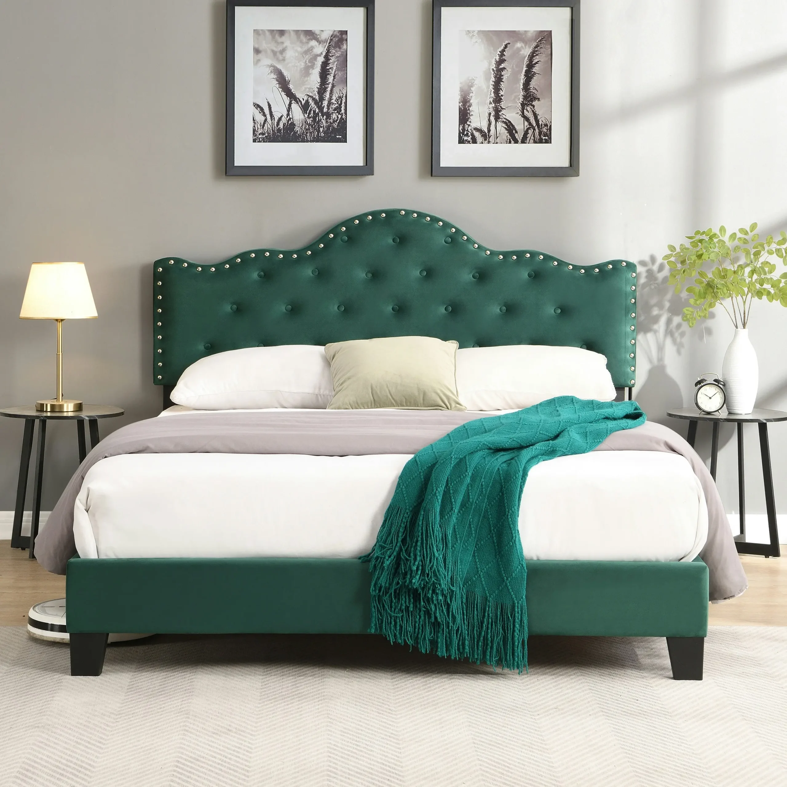 IHOMDEC Upholstered Velvet Button Tufted Crown Shape Queen Size Bed Frame Green BEF05 - Furniture