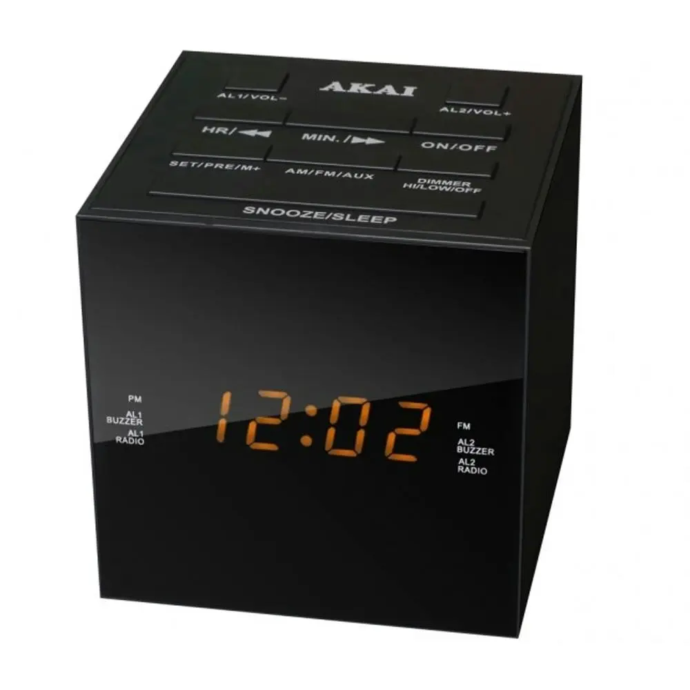 Akai Cube Alarm Clock Radio AM/FM LED Dimmer Speakers USB Charging Port Black - Home & Garden