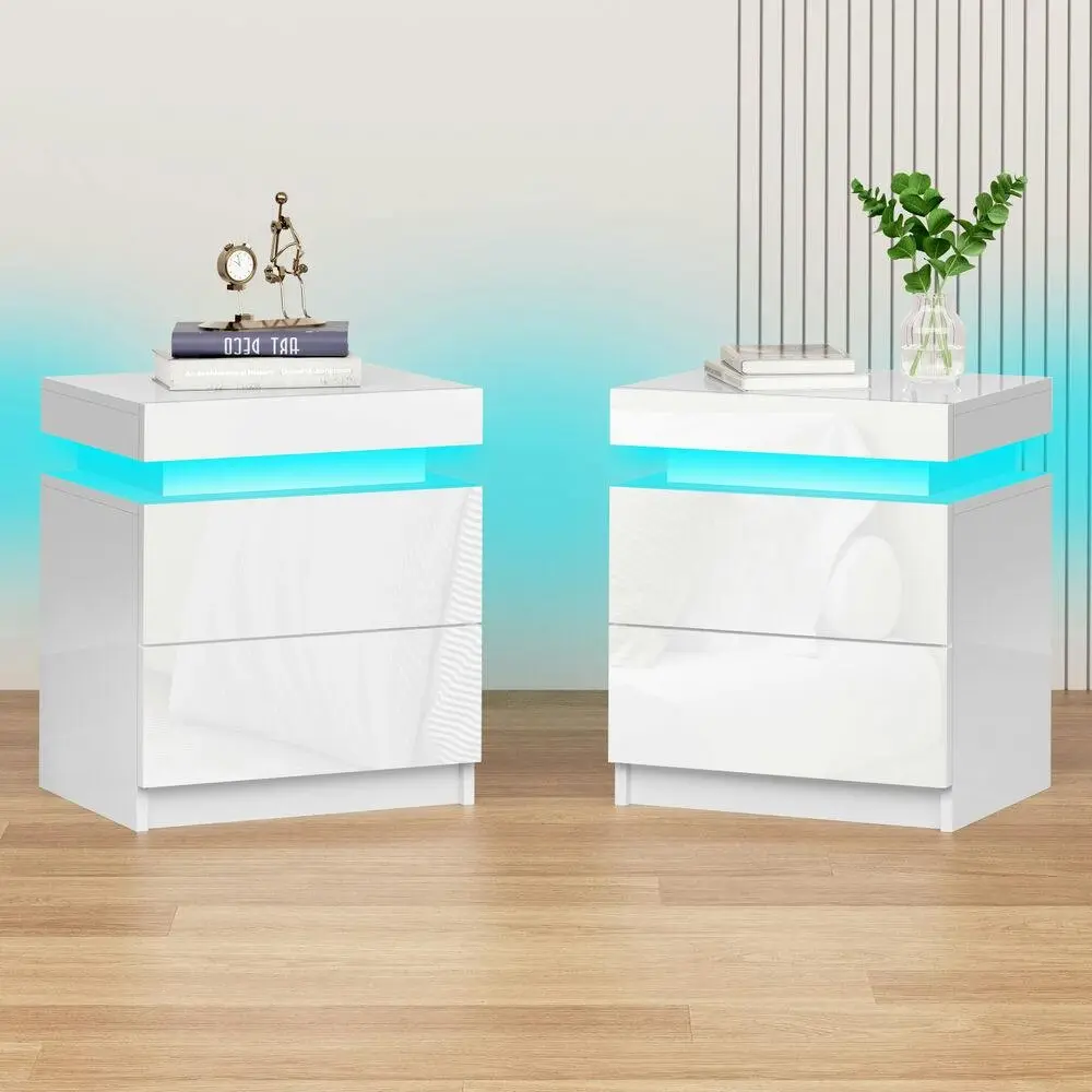 Alfordson 2x Bedside Table LED Gloss White - Furniture