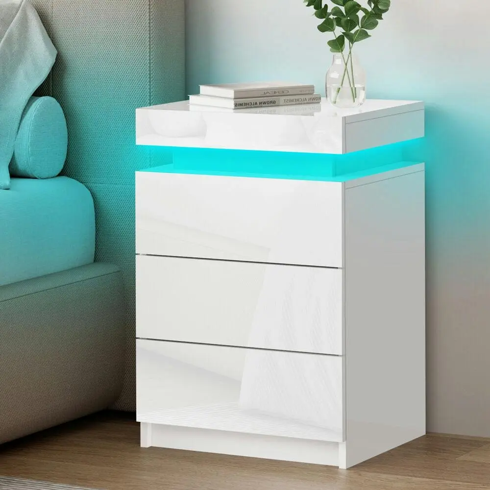 Alfordson Bedside Table LED White Gloss - Furniture
