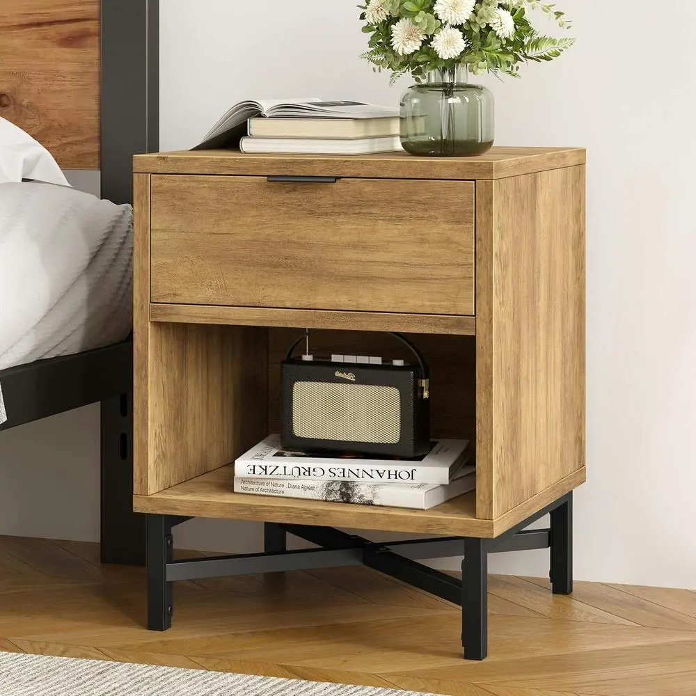 Alfordson Bedside Table Retro Nightstand Side Cabinet Brown - Furniture