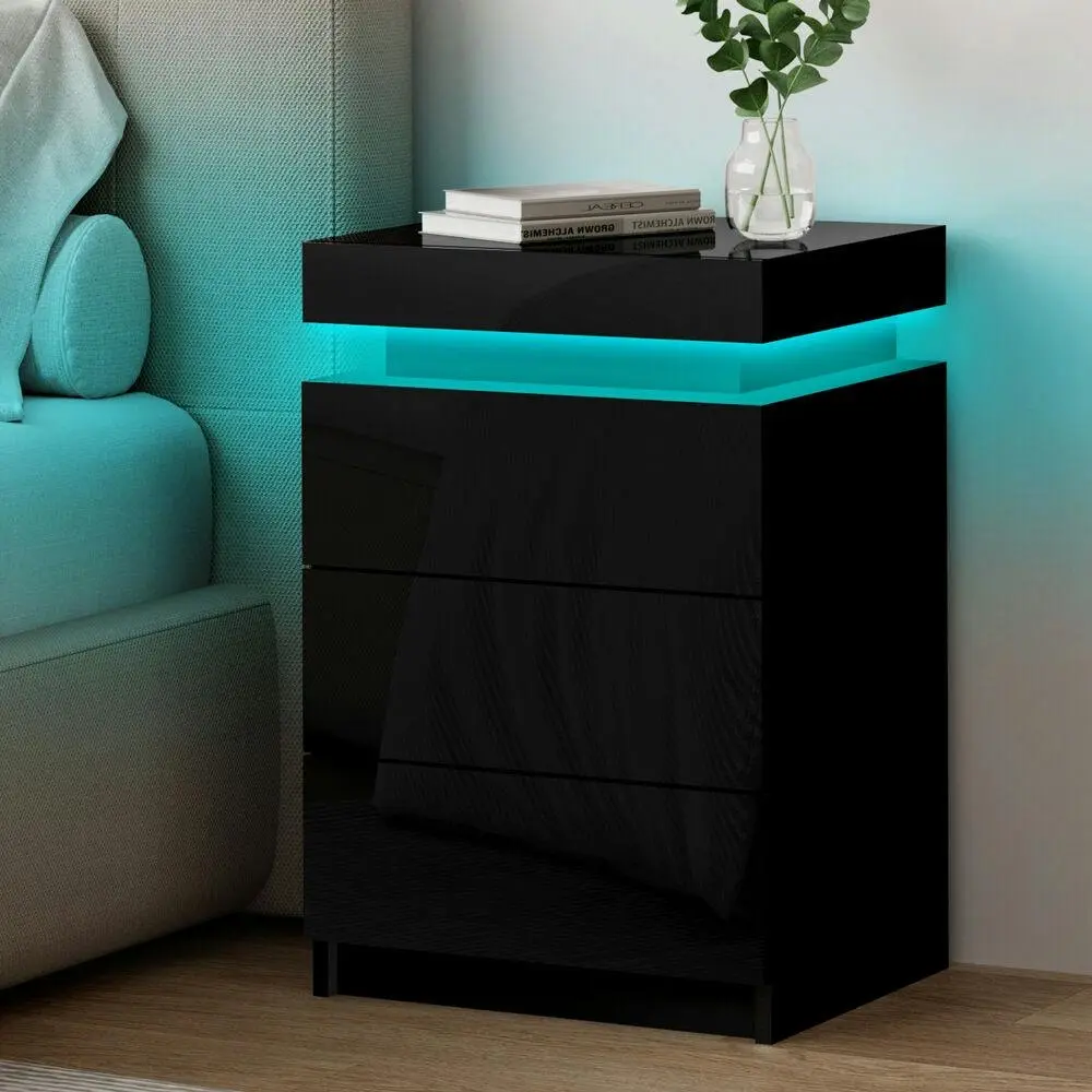 Alfordson Bedside Table LED Black Gloss - Furniture