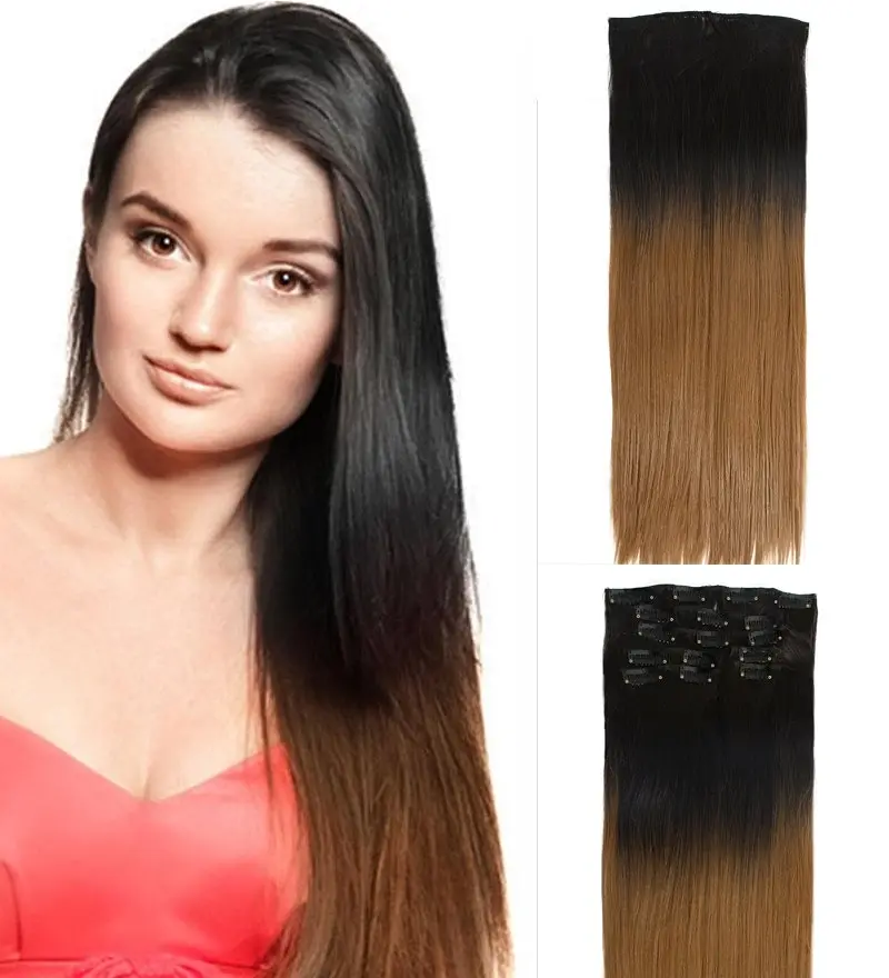 22" Twotone Ombre High Grade Brown Straight 7Piece 16Clips Hair Extension 06 - Beauty