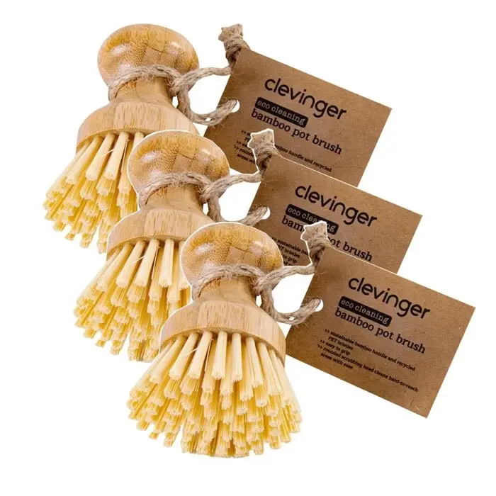 3x Clevinger 9cm Bamboo Eco Cleaning Kitchen Sink Dish/Bowl/Pot Scrub/Wash Brush - Home & Garden