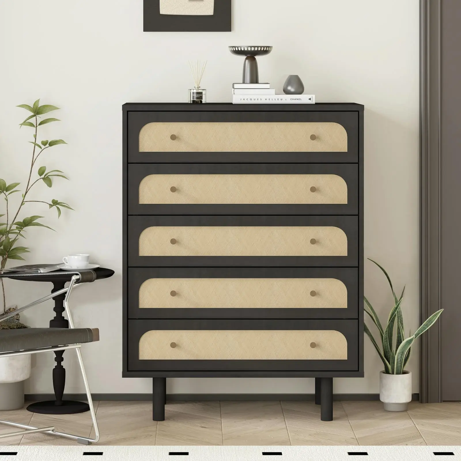 Elisa 5 Drawers Chest of Drawers Dresser with Curved Fronts and Dark Finish - Furniture