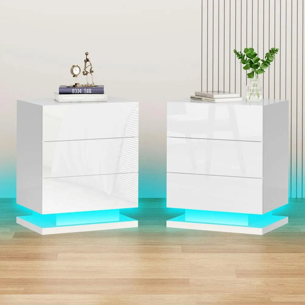Alfordson 2x Bedside Table Gloss LED White - Furniture