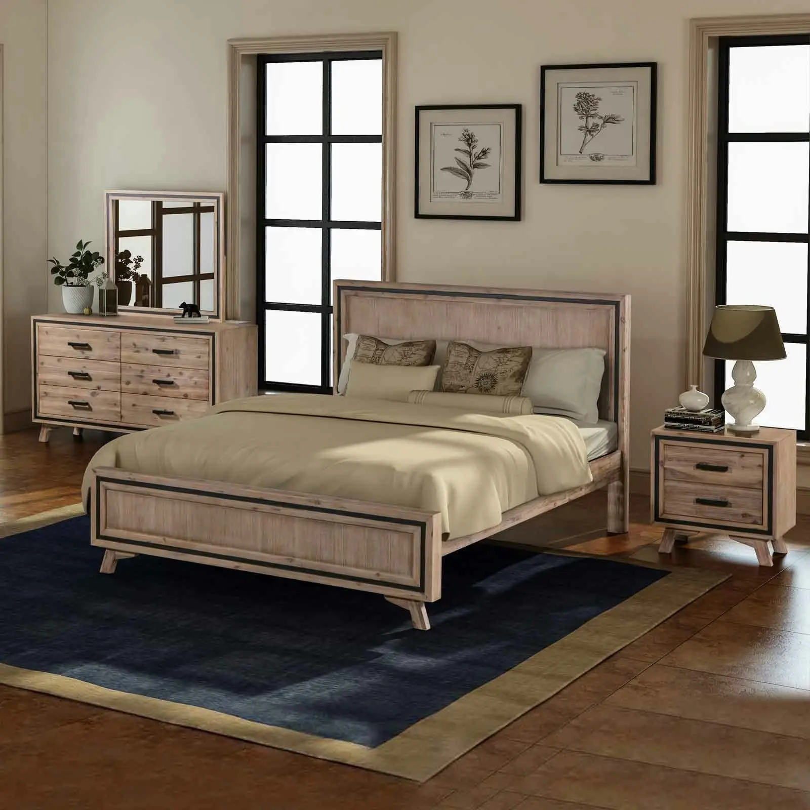 4 Pieces Bedroom Suite King Size Silver Brush in Acacia Wood Construction Bed, Bedside Table & Dresser - Furniture