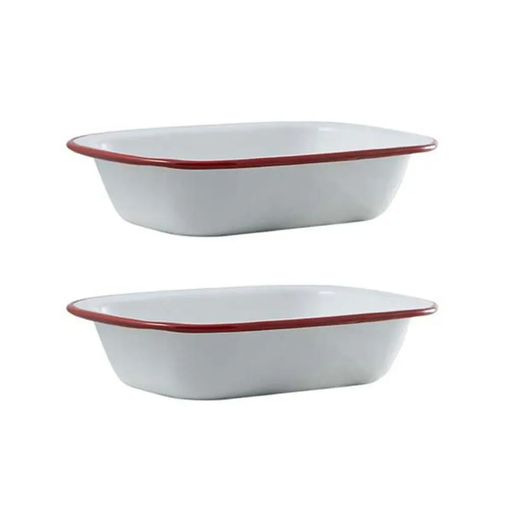 2x Urban Style Enamelware 20cm Pie Dish Rectangle Snack Container w/ Red Rim WHT - Home & Garden