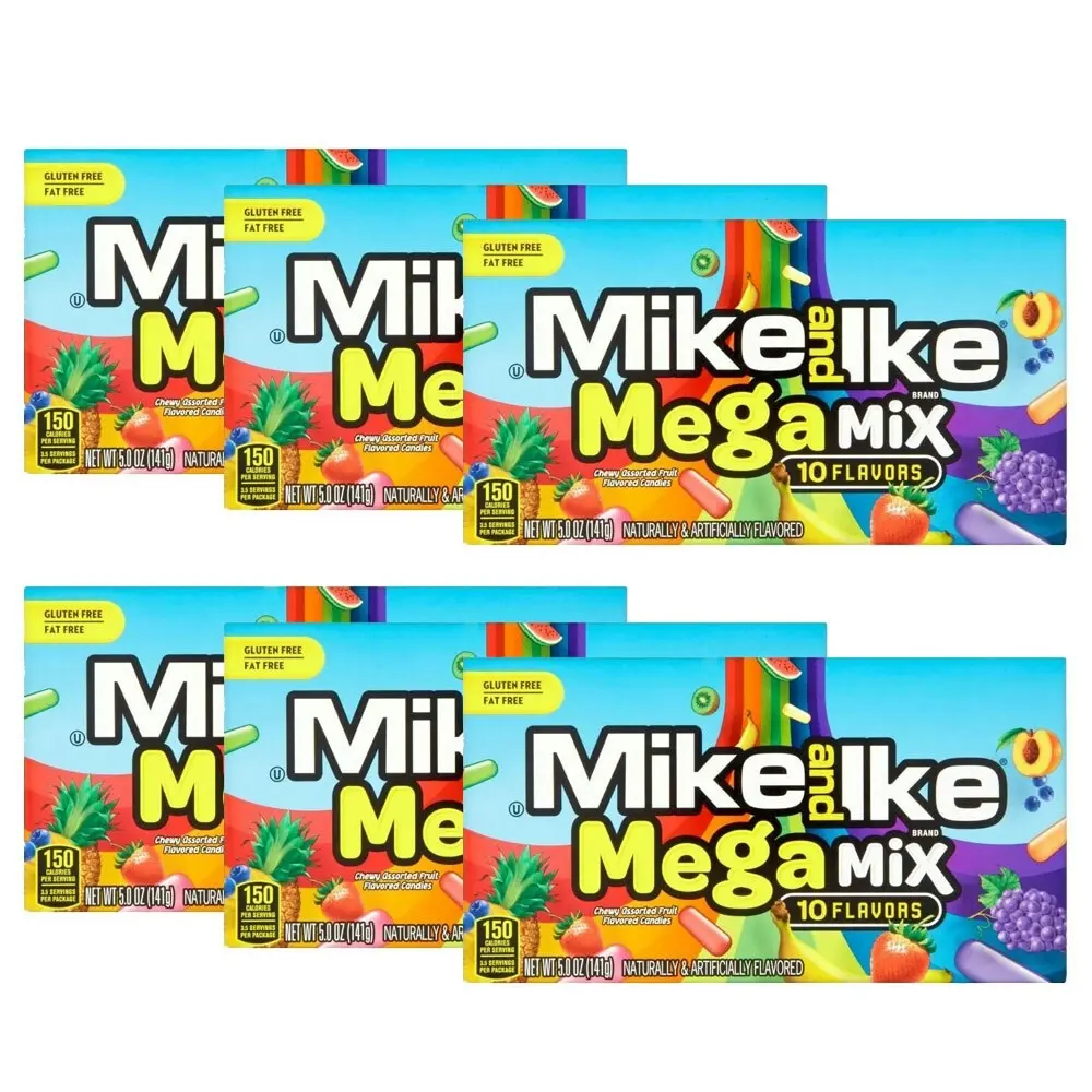 6x Mike & Ike Mega Mix Chewy Fruit Candy Confectionery Lollies Sweets Box 120g - Groceries