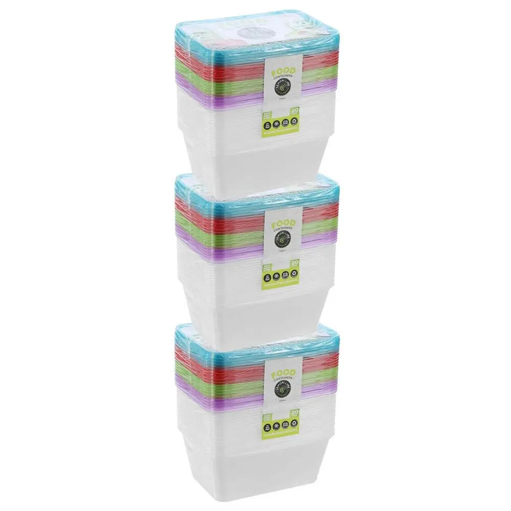 3x 20PK Lemon & Lime Rectangle 1L Reusable Food/Meal Container w/ Coloured Lids - Home & Garden