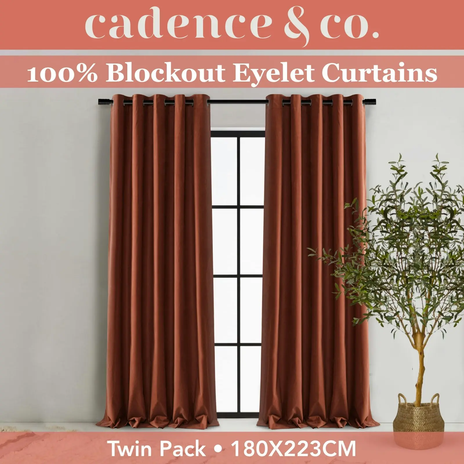 Cadence & Co. Byron Matte Velvet 100% Blockout Eyelet Curtains Twin Pack Rust 180x223cm - Home & Garden
