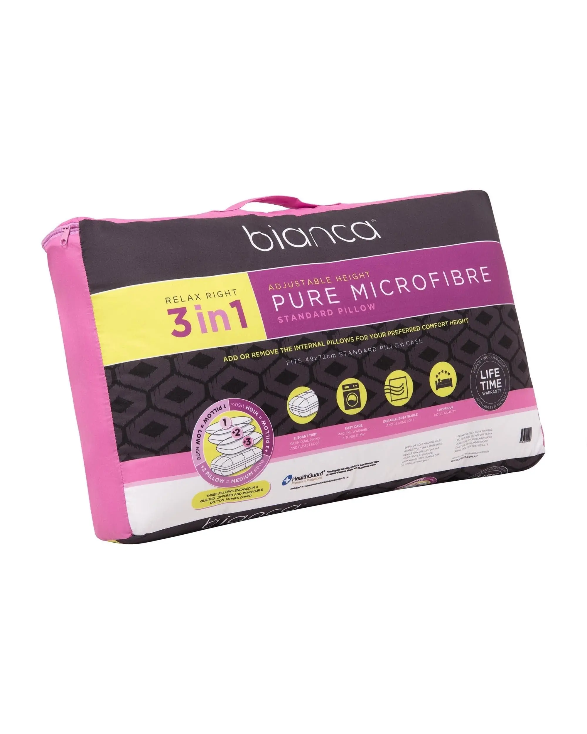 Bianca Bedding RELAX RIGHT PURE MICROFIBRE PILLOW 3 IN 1 ADJUSTABLE HEIGHT 1150G - Home & Garden