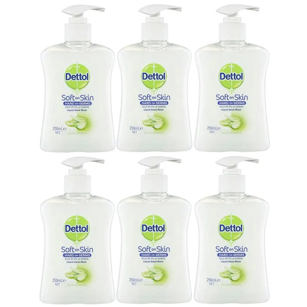 6pc Dettol 250ml Liquid Hand Wash Soap Antibacterial Aloe Vera/Vitamin E w/ Pump - Beauty