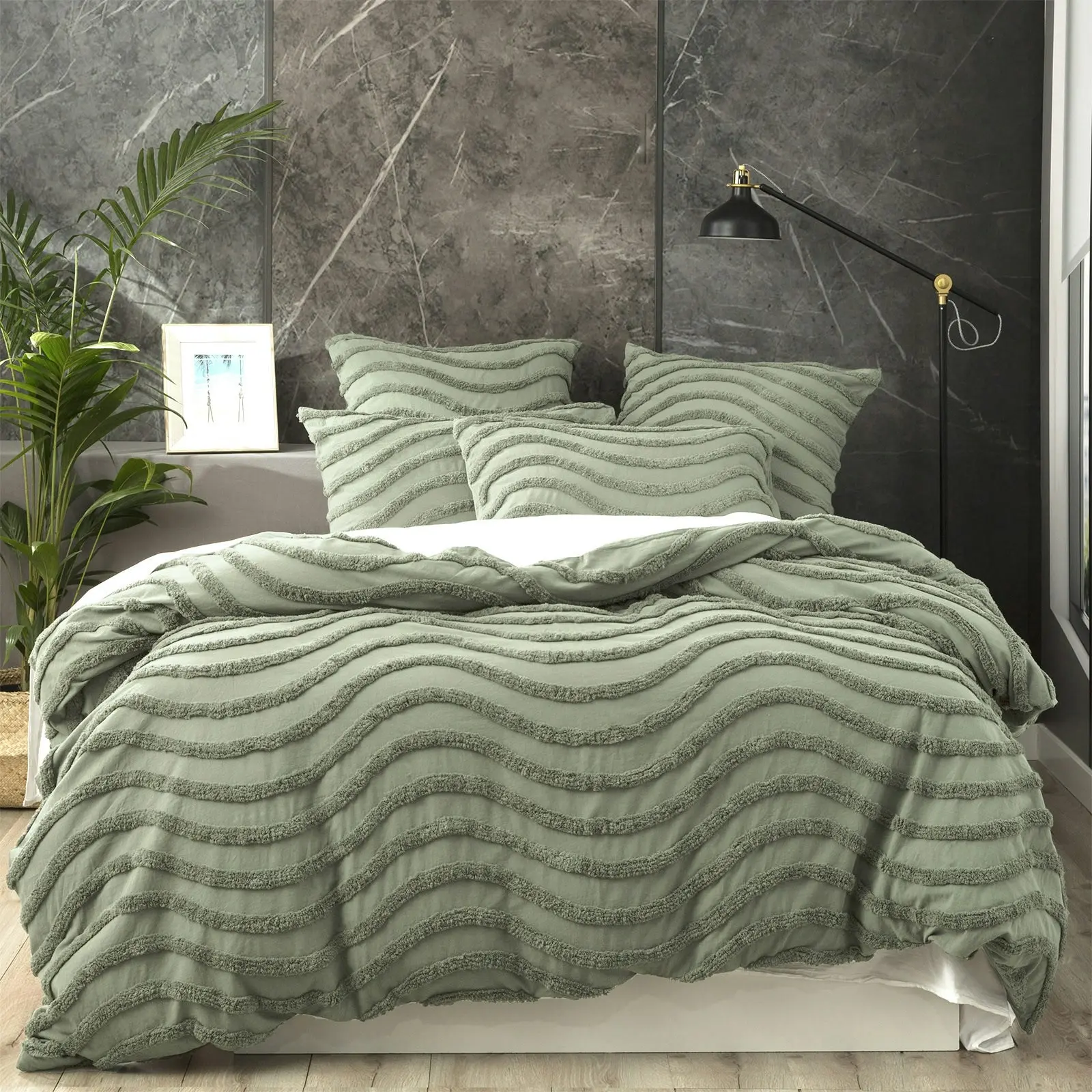 Cloud Linen Wave 65cm Pillowcase Cotton Chenille Vintage Washed Tufted Euro Sage - Home & Garden
