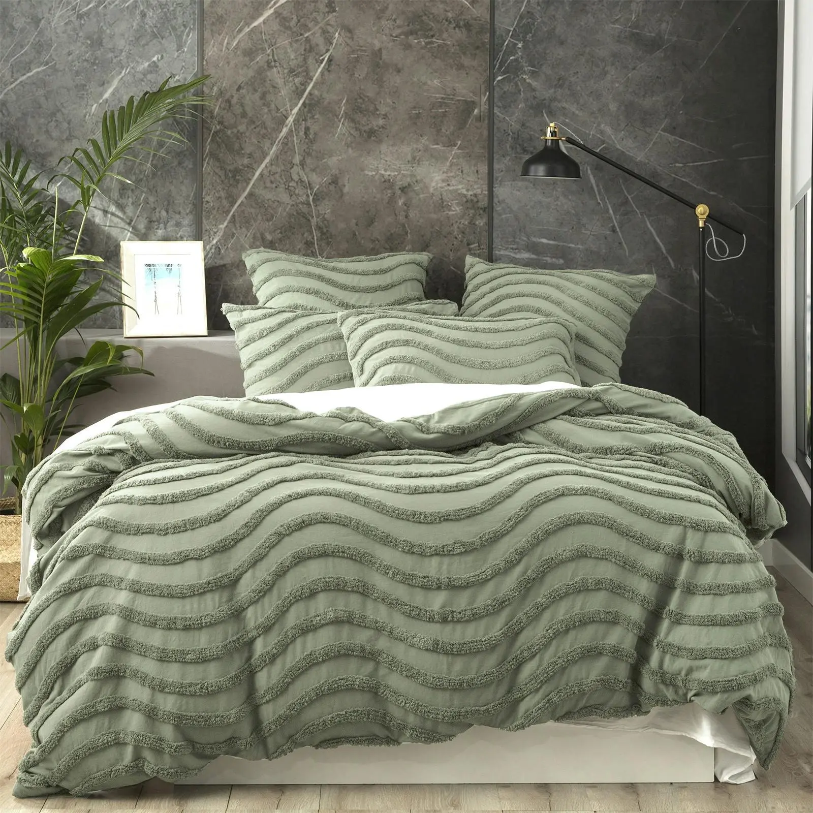 Cloud Linen Wave King Bed Quilt Cover Cotton Chenille Vintage Washed Tufted Sage - Winter Warmers up to 70% Off