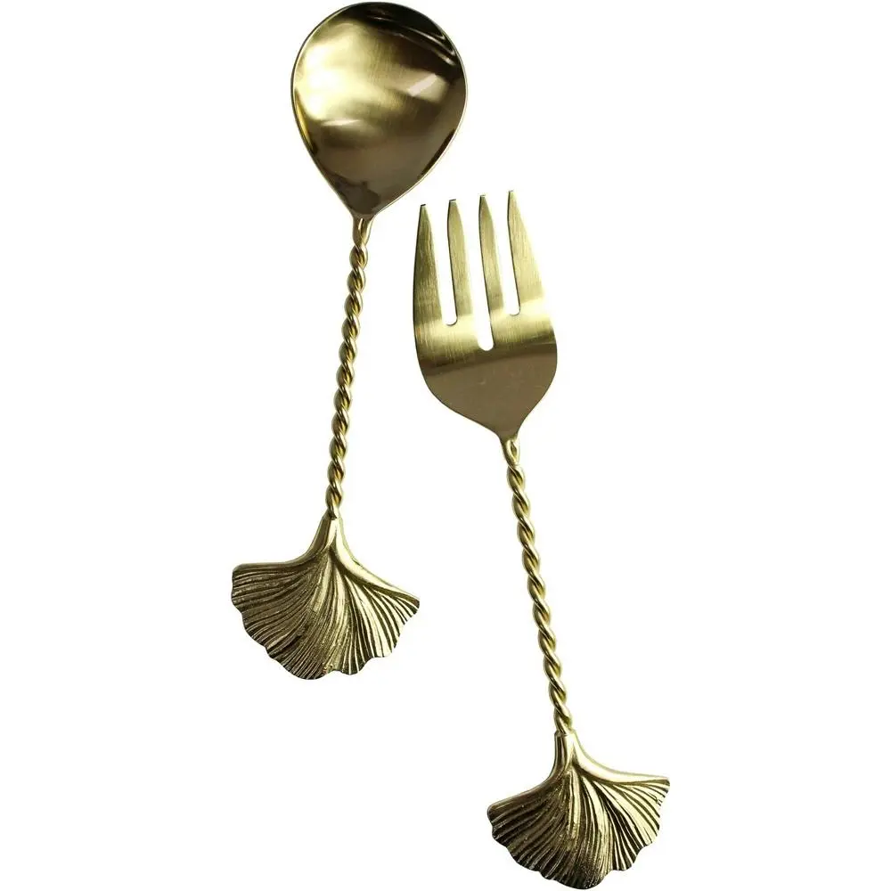 2pc LVD Brass Spoon/Fork Salad Server Leaf Handle Food Serving Utensils Gold - Home & Garden