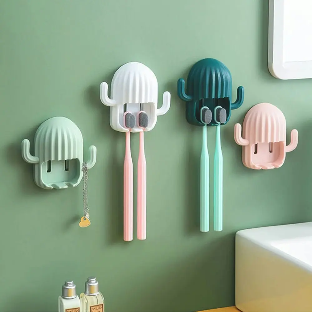 4 Pcs Kids Toothbrush Holder Wall Mounted Cactus Toothbrush Stand With Hook - Home & Garden