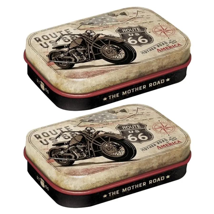 2x Nostalgic Art 6cm Metal Tin Mint Box Route 66 Bike Map Fresh Breath Candy - Groceries
