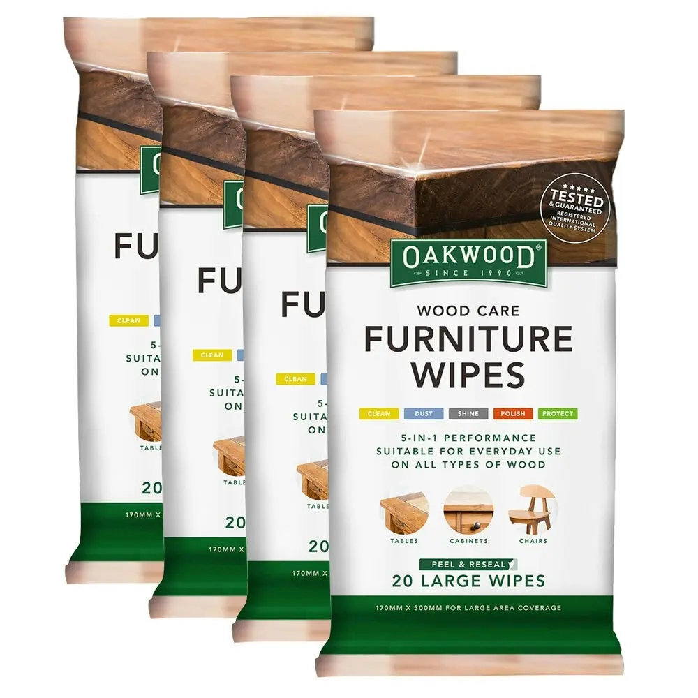 4x 20pc Oakwood Large Wood Care Furniture Wipes 170mmx300mm Natural Wood Cabinet - Home & Garden