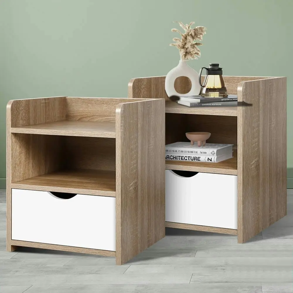Alfordson 2x Bedside Table Nightstand Storage 1 Drawer Oak - Furniture