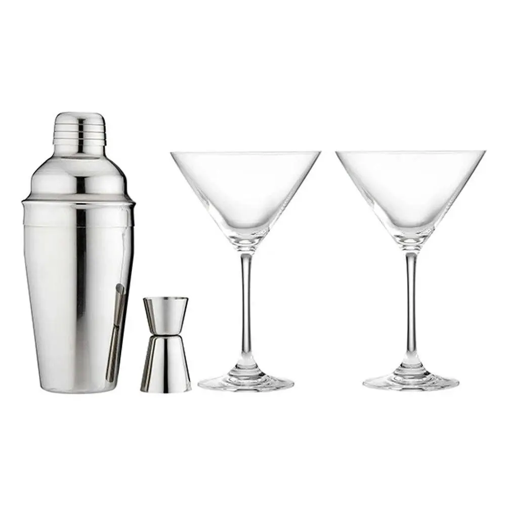 4pc Tempa Aurora Cocktail Drink Glass Set w/Shaker/Jigger/Martini Glasses Silver - Home & Garden