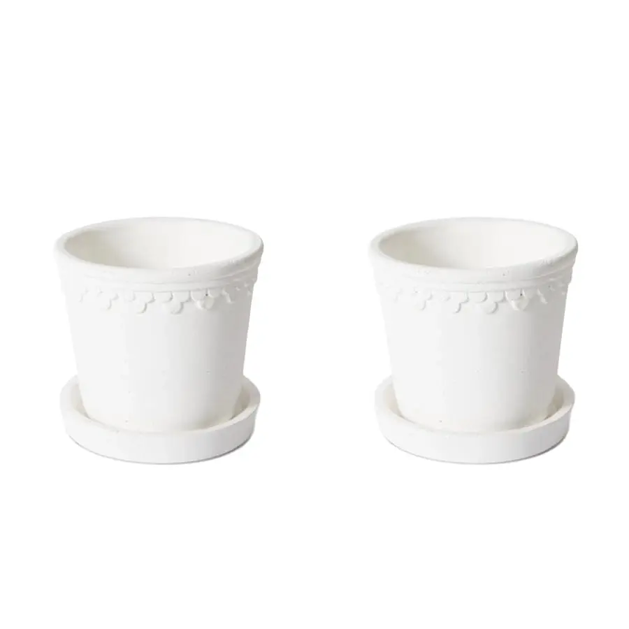 2x E Style Sophia 13cm Cement Plant Pot w/ Saucer Flower Planter Decor White - Home & Garden