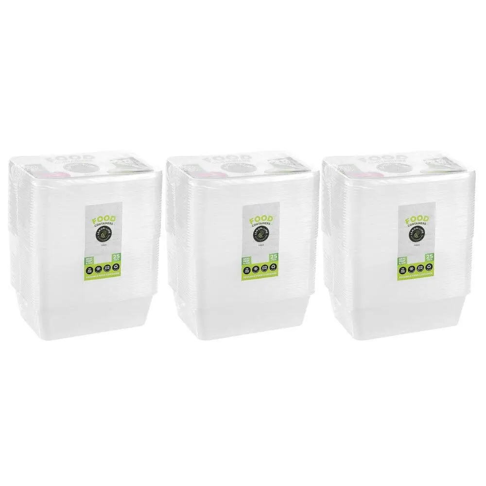 3x 25PK Lemon & Lime Reusable 750ml Rectangle Food Container/Storage w/Lid Clear - Home & Garden