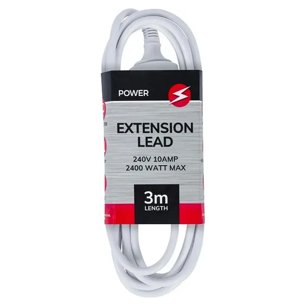 Power 3m Extension Lead/Cord Cable AU/NZ 2400W 240V Home/Office Indoor Plug WHT - Hardware