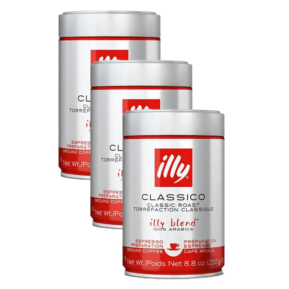 3x Illy 250g Classico Espresso Arabica Ground Coffee Classic Roast/Sweet Notes - Groceries