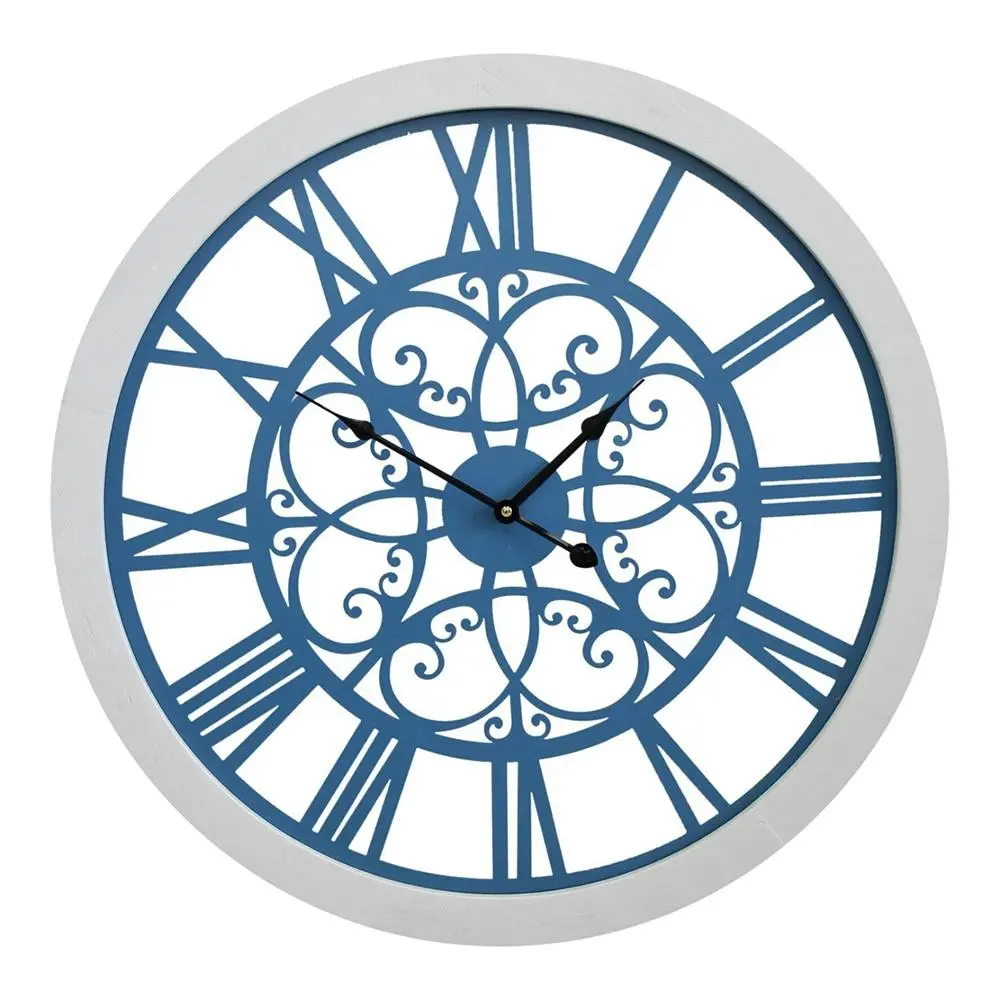 Interior ViewMDF Metal 60cmWall Clock Round Analogue Hanging Decor Blue/White - Home & Garden