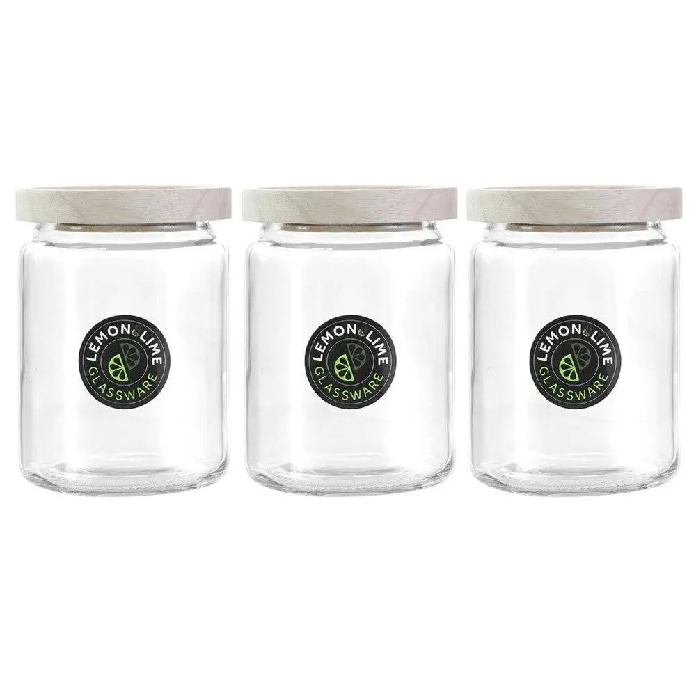 3x Lemon & Lime Zeno 700ml/13.5cm Glass Jar Storage Food Container w/ Wood Lid - Home & Garden