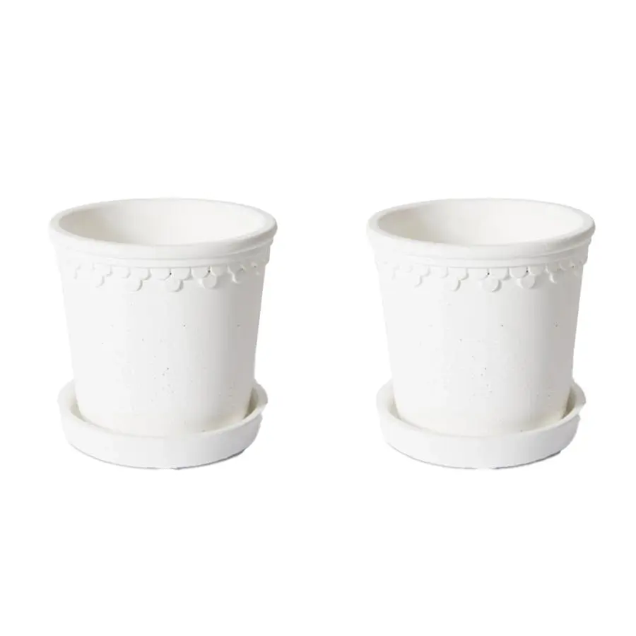 2x E Style Sophia 15cm Cement Plant Pot w/Saucer Home Decorative Planter WHT - Home & Garden