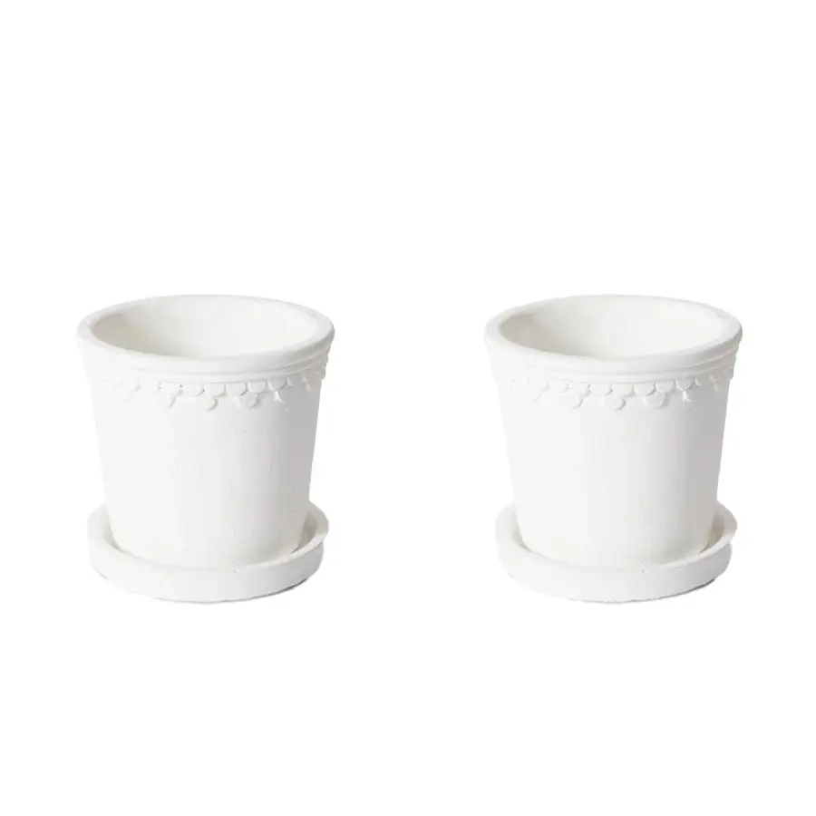 2x E Style Sophia 11cm Cement Plant Pot w/ Saucer Flower Planter Decor White - Home & Garden