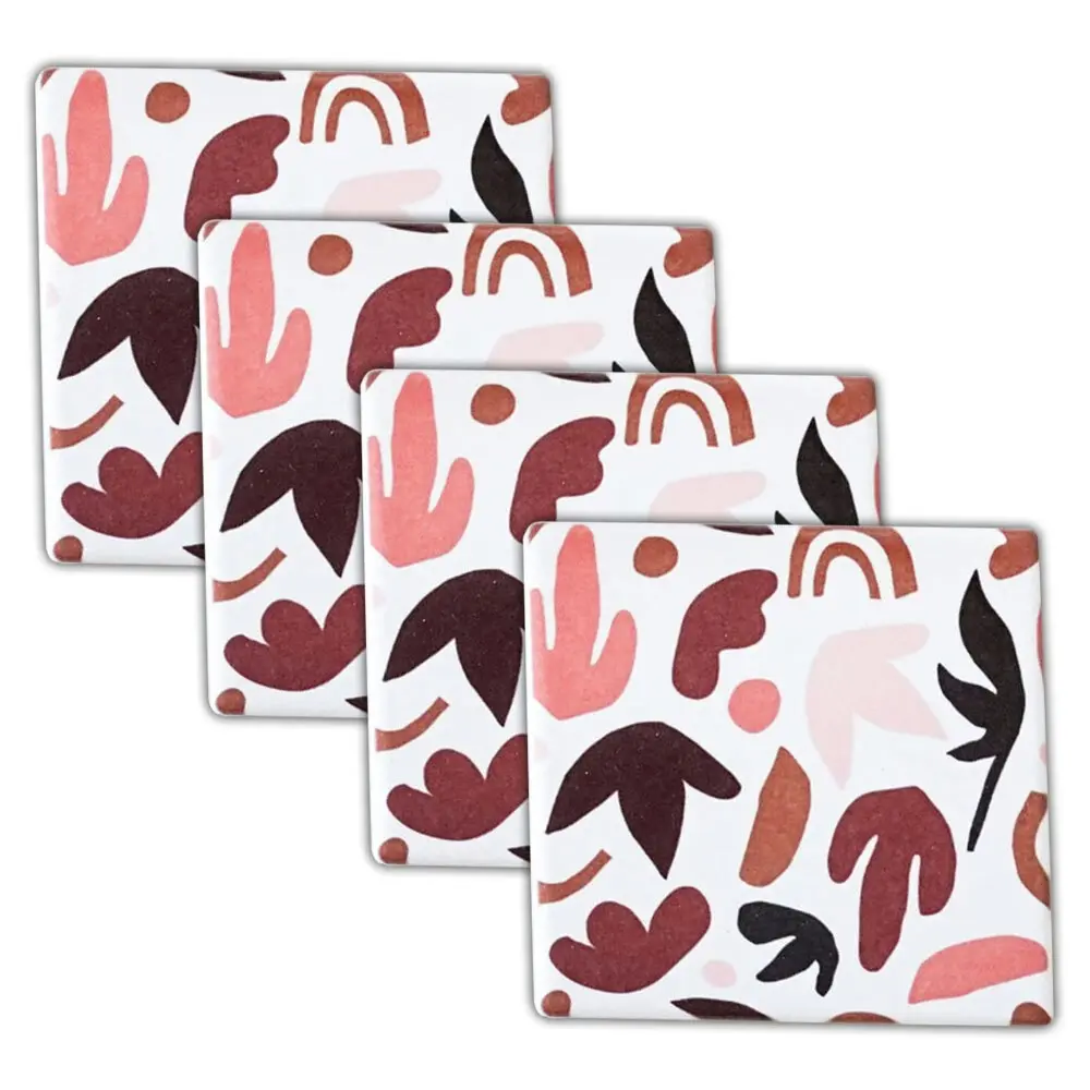 4pc Rayell 10cm Ceramic Square Coasters Blush Leaves Home Decor Drink f/ Cup/Mug - Home & Garden