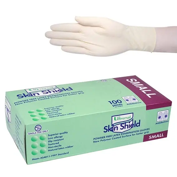 Universal Skin Shield Latex Examination Gloves Powder Free AS/NZ Biodegradable Polymer Coated Textured HACCP Small Cream 1000/Carton - Commercial