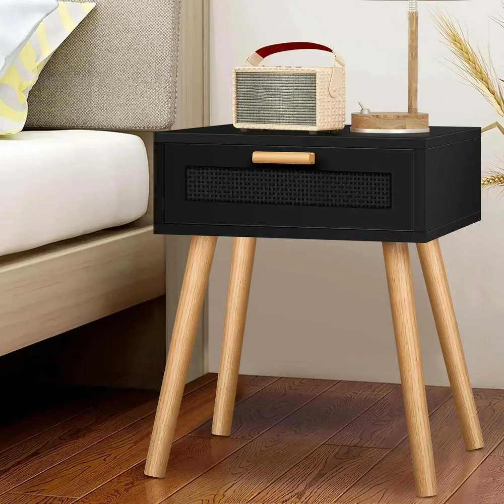 Alfordson Bedside Table Nightstand Side Storage Rattan Black - Furniture