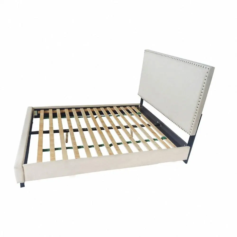 Design Square Fabric Queen Bed Frame With Headboard - Beige