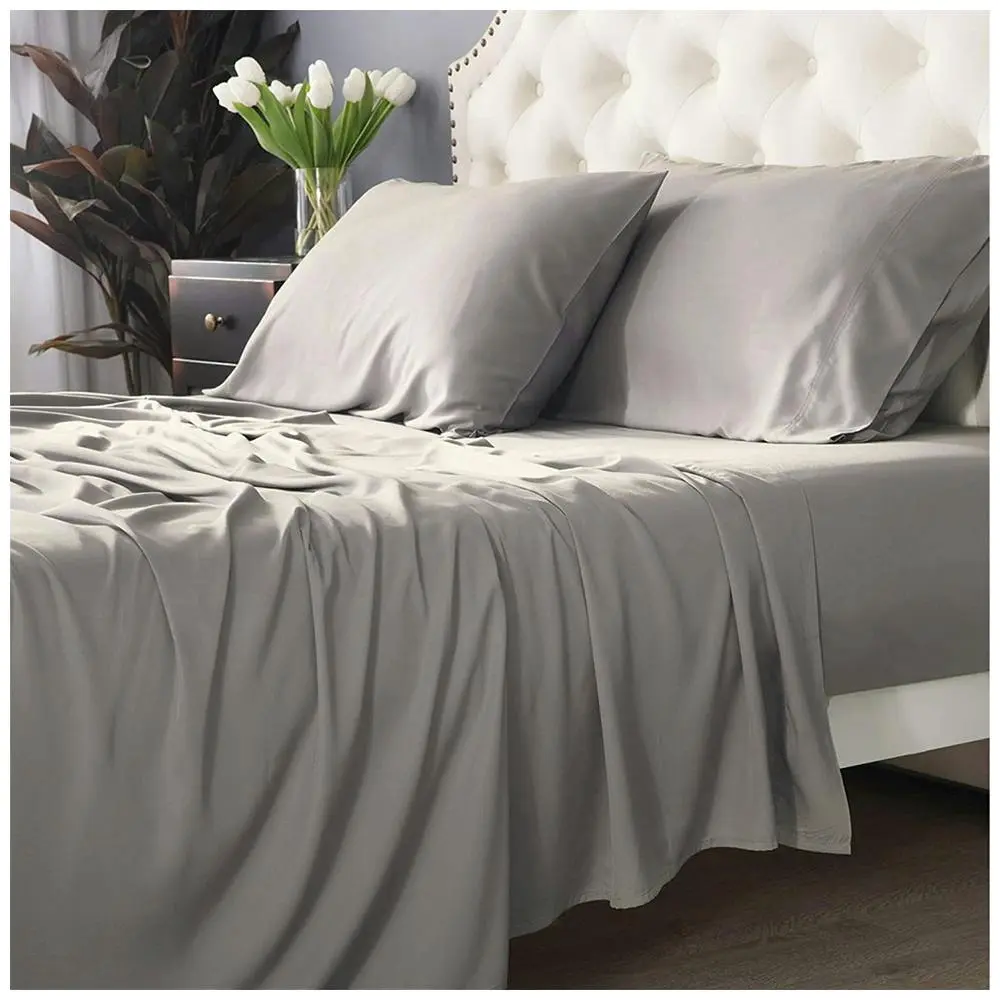 Park Avenue Long Single Fitted Sheet/Pillowcases Set 500TC Bamboo Cotton Pewter - Home & Garden