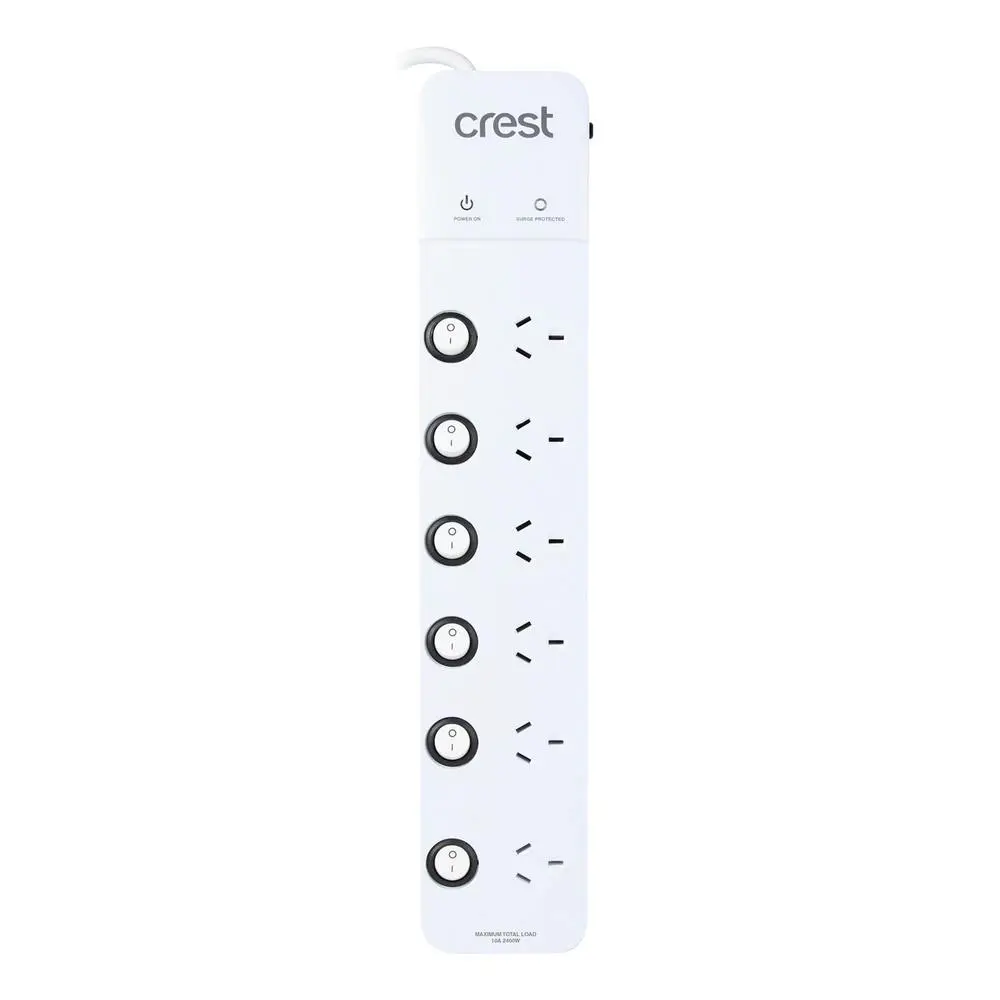 Crest Surge Protected 6-Socket Power Board Strip w/ 6 Individual Switches White