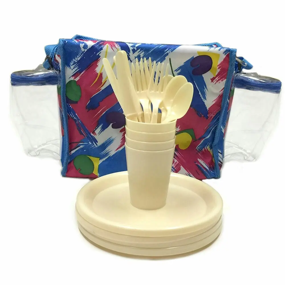 20pc Outdoor Picnic Forks/Spoons Set w Insulated Carry Bag Assorted Colours Kit - Home & Garden