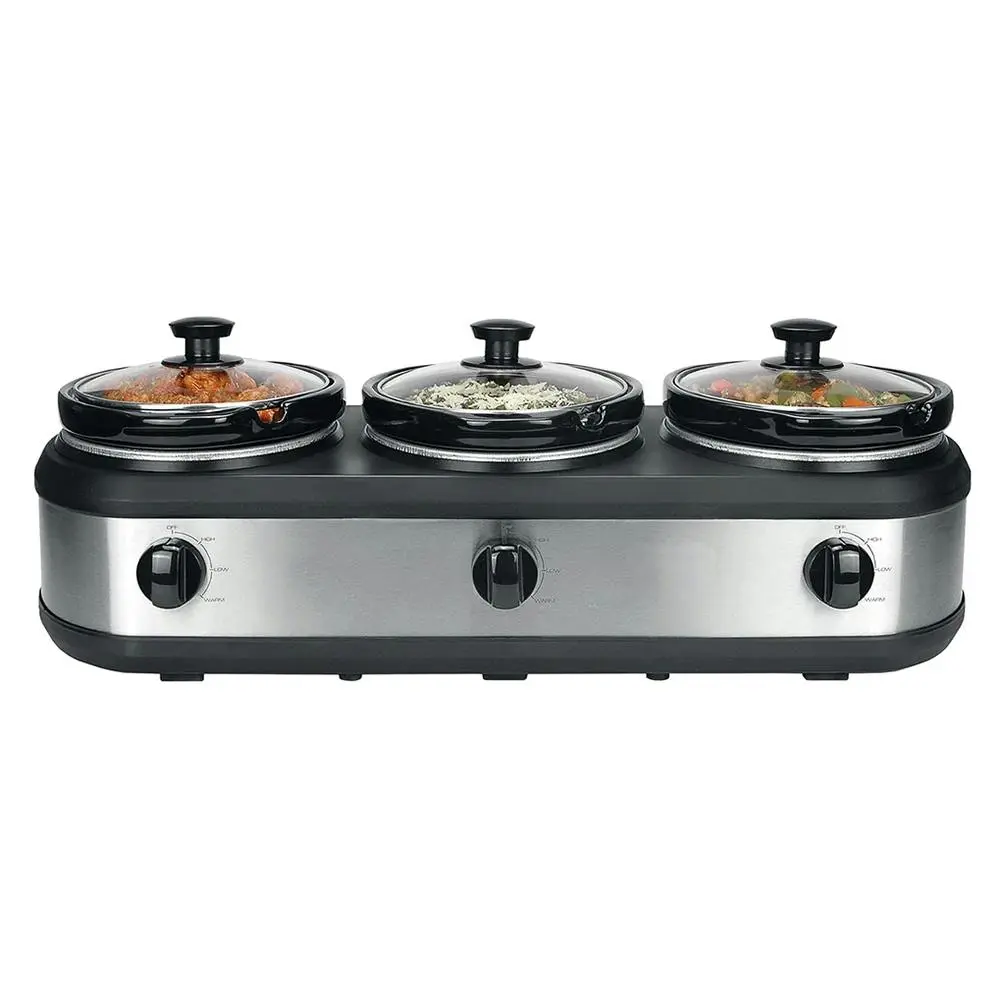 Healthy Choice 405W Electric 3 Pot Slow Cooker/2.5L Ceramic Cooking Pots Silver - Home & Garden