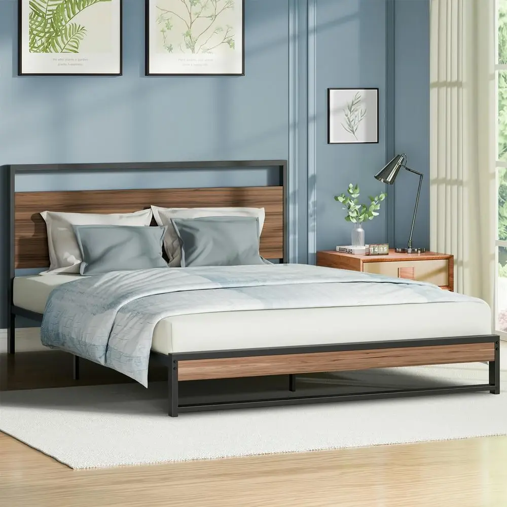 Alfordson Metal Bed Frame Queen Size Industrial Platform Mattress Base Wood - Furniture