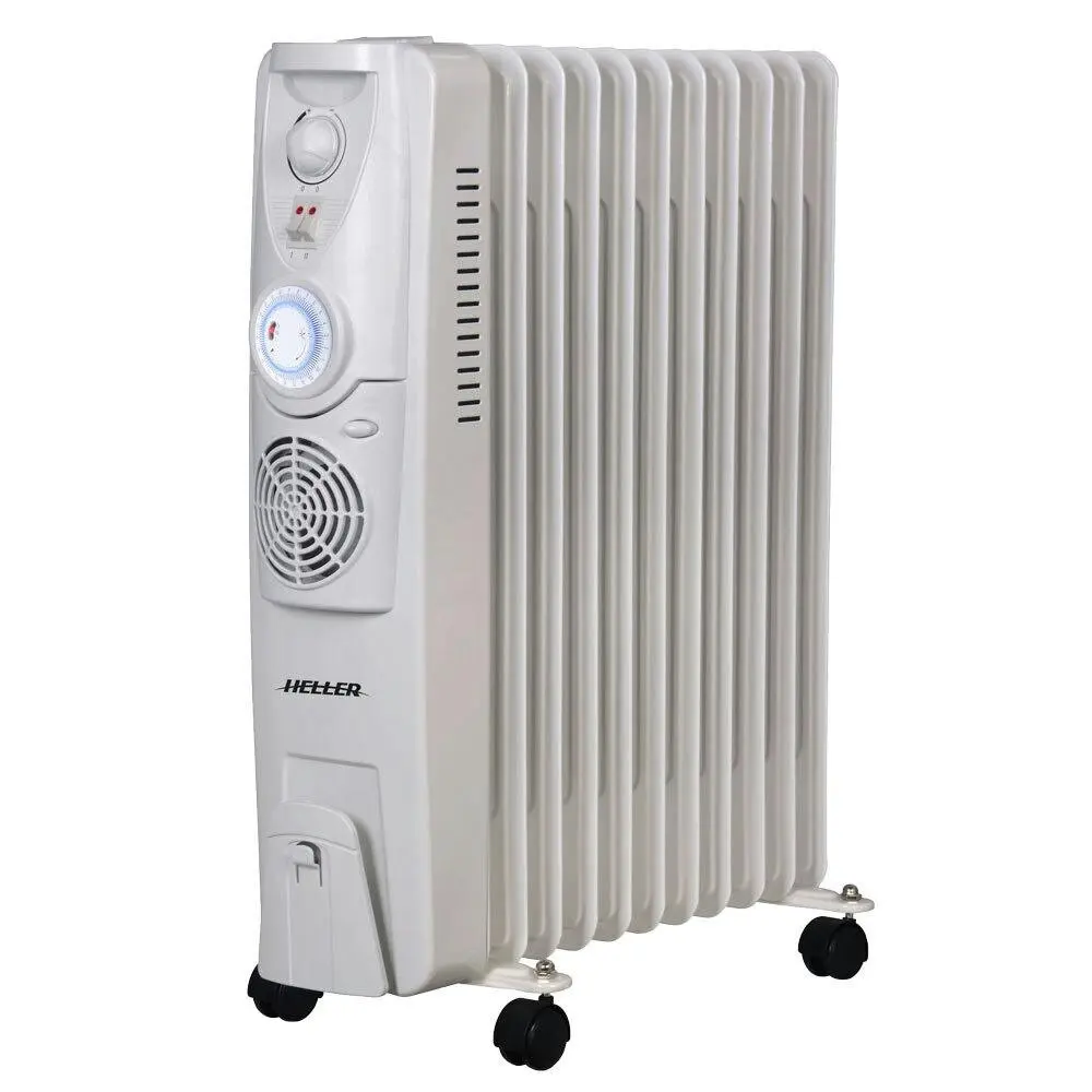 Heller Portable Oil Heater 11 Fin Fan Timer w/ 3 Heat Settings 2400W Fan White - Home & Garden