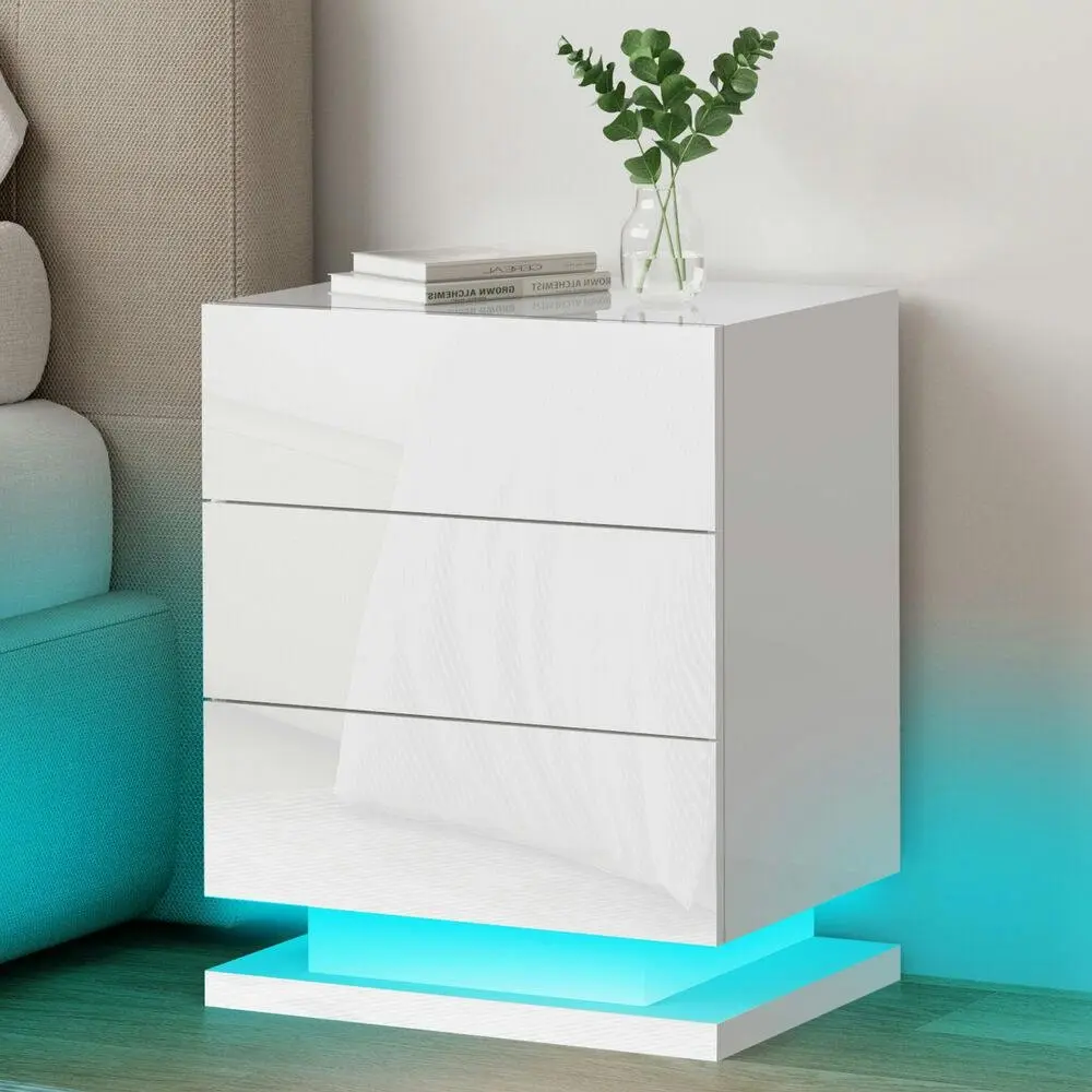 Alfordson Bedside Table Gloss LED White - Furniture